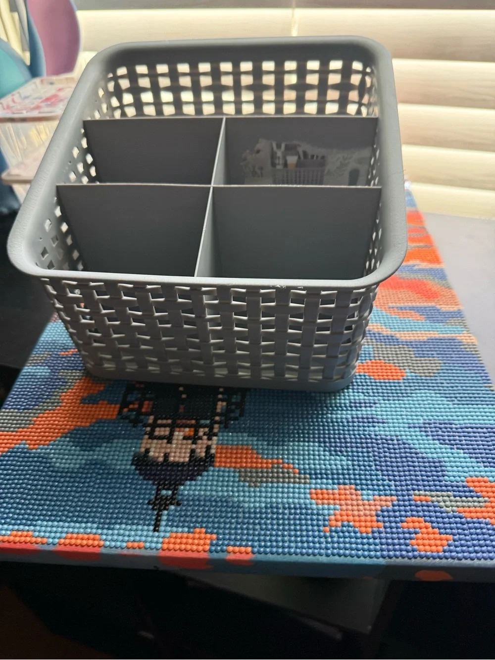 Gray Plastic Grid Storage Bin with Dividers